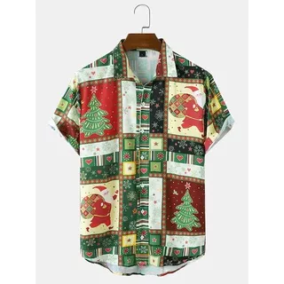 [NEW] Kemeja Christmas Ethnic Contrast Santa Pattern Button Short Sleeve Casual Shirts