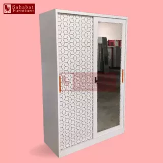 Lemari Pakaian Kaca 2 Pintu Sliding Full Besi Lemari Baju Metal Wardrobe Jumbo Almari Baju LPB-203S