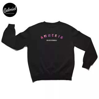 Sweater Crewneck Pria Dan Wanita Unisex Distro Murah Motif Gambar Amnesia Bahan Fleece Cotton Tebal Warna Hitam