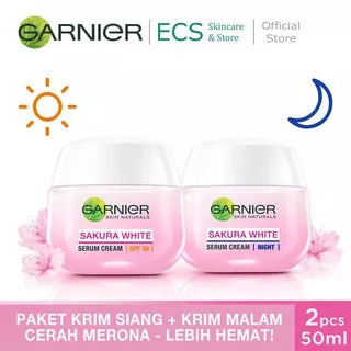 (Dapat 2 Pcs) Garnier Sakura GLOW White HYALURON Day + Night Cream - Krim Pagi/Siang Malam Skincare Wajah Glowing