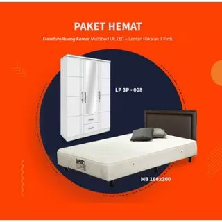 Paket Hemat Furniture Kamar Murah Minimalis Multibed Uk. 160x200 + Lemari Pakaian 3 Pintu