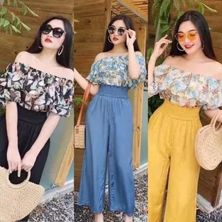 SONIA ONE SET KOREAN VINTAGE CASUAL CELANA ATASAN BAWAHAN BAJU SABRINA PANTAI PUFFY