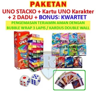 RPN Paket Uno Stacko, Kartu Uno Card Karakter , 2 Dice / Dadu + Bonus Kartu Kwartet