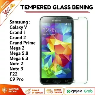 Samsung Galaxy V Grand Prime 1 2 Mega 2 5.8 6.3 Note 2 3 F22 C9 Pro Tempered Glass Clear Anti Gores Kaca Bening Yes