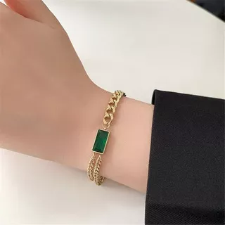 Gelang Tangan Rantai Emas Hias Batu Zamrud Hijau Persegi Kristal Berlian Imitasi Untuk Wanita