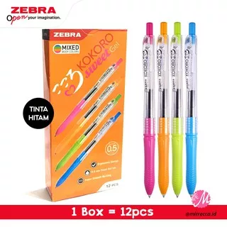 1 KOTAK ISI 12PCS 0.5 ZEBRA KOKORO SWEET BLACK GEL INK PEN MIXED BODY COLORS | PULPEN BOLPOIN HITAM