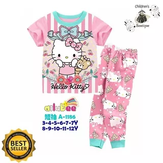 Baju Tidur Anak Piyama Anak Perempuan Ailubee Hello Kitty Pink Lengan Pendek Usia 3-12 Tahun