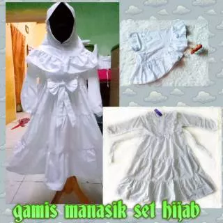 Gamis manasik putih rempel set hijab size XXL/LL 9-10 tahun