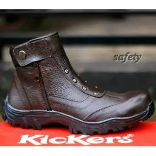 Sepatu safety ujung besi kickers sleting coklat kulit sapi asli sepatu touring tracking adventure