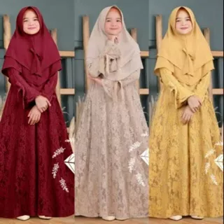 Gamis anak Perempuan  Dirra kids syari burkat full / gamis brukat / gamis anak plus hijab