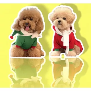 Pawpaw baju anjing couple christmas red and green with xmas hat hoodie