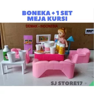 MAINAN FURNITURE MEJA SET DAN BONEKA BARBIE MEJA KURSI SET MAINAN ANAK CEWE