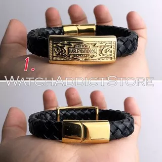 Gelang Tangan Pria Cowok Kulit Asli Titanium Harley Davidson Black Silver Gold