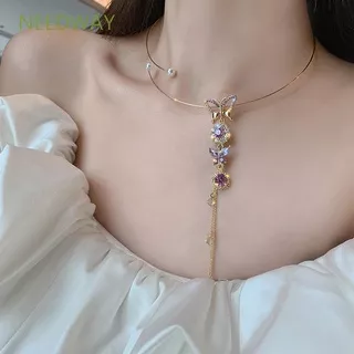 NEEDWAY Fashion Butterfly Choker Women Purple Crystal Flower Necklace New Tassel Fashion Jewelry Chain Choker Rhinestone Girls Pearl/Multicolor