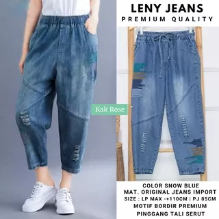 Leny Jeans Wanita Motif Garis Bordir LP 110 cm Pinggang Tali Serut Celana Jeans Remaja Dewasa Modis Saku Depan