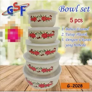 BOWL SET GSF 5PCS/GSF Mixing Bowl Set S/5 2028 Mangkok Enamel Bunga Kembang Susun 5 plus tutup