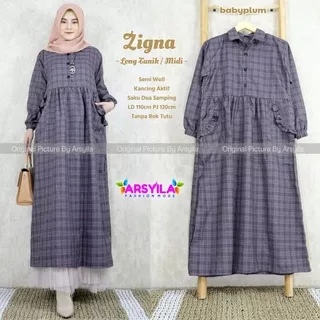 Zigna Midi Long Tunik Atasan Jumbo LD 110cm Fashion Wanita Bahan Semi Woll Premium Busui Kancing Aktif Baju Muslim Lebaran