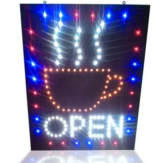 Papan Tulisan Lampu LED Sign ~ OPEN + logo cangkir ~