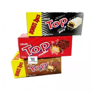 Delfi TOP Wafer Chocolate 9g BOX 24 + 2pcs Strawberry , Black in White, WaferCrunchy Coklat Stroberi