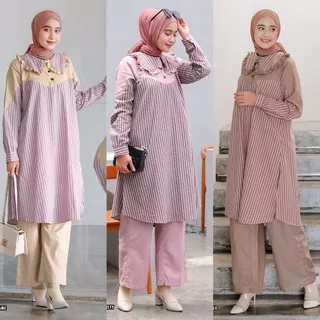 Una One Set Original Vente Daily Setelan Long Tunik Celana Kulot Katun Linen LD115 Motif Garis Premium