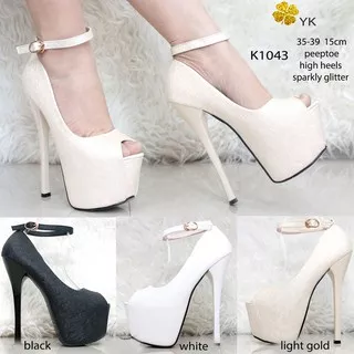 ykshoes 1043 high heels 15cm 15 cm peep toe shoes import sepatu bartier hitam silver gold ladiess