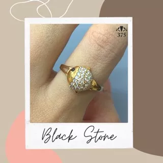 TM375 CINCIN BLACK STONE BATU HITAM BENTUK IKAN FISH EMAS ASLI