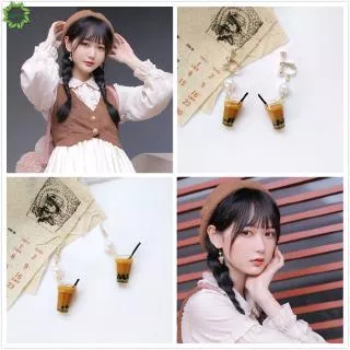 Cod Qipin Creative Lovely Pearl Milk Tea Resin Pendant Earrings Hook Ear Clip Funny Accessories