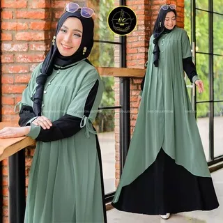 Meisi Set Setelan Wanita Gamis Outer Set Dress Polos Panjang Outer Lengan Pendek Setelan Muslim Hazifah Dress