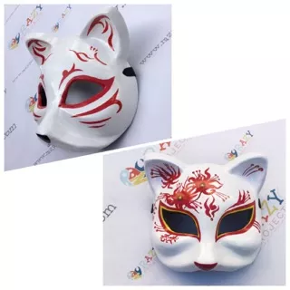 Kitsune Fox Rubah Half Face Setengah Wajah Mask Topeng Kayu Cosplay Anime Jepang