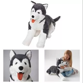 Boneka Anjing Siberian Husky, Grey-White, Bahan Lembut, size : 60x36x28cm, Mudah Di Cuci