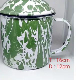 Gelas Mug Cangkir 12 14 16cm tinggi berikut tutup enamel kaleng blurik jadul vintage