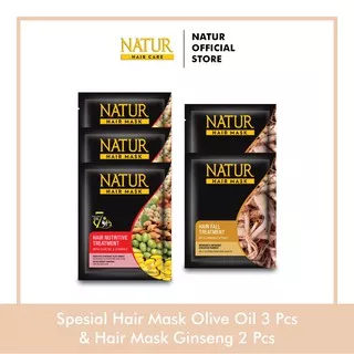 Natur Special Hair Mask Olive Oil 3pcs & Hair Mask Ginseng 2pcs - Paket Masker Menjaga dan Merawat Rambut Rontok / Anti Hair Fall / Menguatkan Akar Rambut