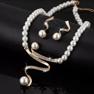 OW@ Rhinestone Faux Pearl Beaded Necklace Stud Earrings Bridal Wedding Jewelry Set