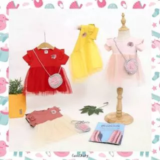 Flower set dress / setelan dress bayi perempuan 2pcs baju tas bunga lucu / baju anak tangan pendek