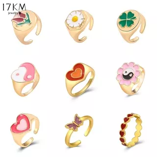 17KM Retro Colorful Gold Rings Fashion Oil Dripping Ring Love Heart Flower Geometric Finger Ring Women Jewelry Accessories