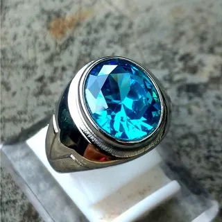 Cincin Silver Batu Permata Blue Topaz Swiss Crystal Oval Cutting