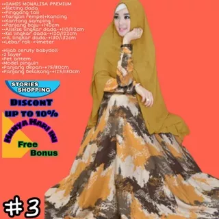 Gamis Sahira Kuning Murah Monalisa Premium Motif Abstrak Fashion Muslim Kekinian Syari Set Hijab Ori