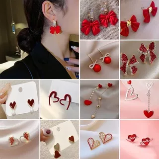 Korean Fashion Red Bow Pendant Paint Rhinestone Love Lady Stud Earrings Earrings Lucky Cute Jewelry Gift Best Accessories for Girlfriend