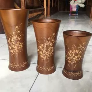 Vas bunga kayu jati motif Cukit Bunga, set 3 pcs.