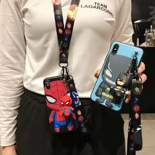 Case iPhone 12 Mini 11 Pro X XR XS Max SE 2020 6 6S 7 8 Plus Soft TPU Case Motif Cute Batman and Spiderman with Pendant and Long Short Lanyard