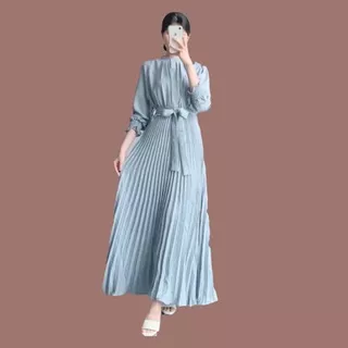 VEREN DRESS GAMIS LEBARAN TERUSAN WANITA MUSLIM MAXI RUFFLE RIBBON PITA LENGAN PANJANG HIJABERS POLOS BLUE TOSCA DUSTY PURPLE CREAM WHITE BLACK SAGE GREEN MATCHA MAROON NAVY