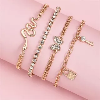 4PCS/Set Retro Rhinestone Crystal Snake Butterfly Lock Key Elegant Women Lady Chain Bracelets Set Jewelry