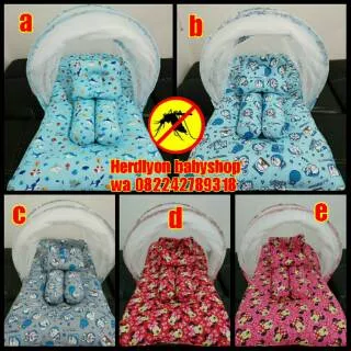 Set kasur bayi kelambu lipat bantal guling karakter babybess doraemon mickey