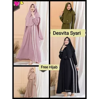 Desvita Syari FREE Khimar - Bisa COD Gamis Baju Dress Busui Wanita Syari Renda Kerancang Krancang Warna Polos Ungu Lavender Lilac Purple Pink Hitam Hijau Army Coksu Latte Coklat Muda Susu Mocha Choco Milo Black