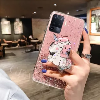 Kesing Ponsel OPPO Reno5 F / Reno 5 Marvel Edition / FIND X3 PRO Back Cover Cute Cartoon Unicorn Glitter Bling Transparent Case Softcase Full Stars With Water Stand Holder Reno5F 5F Phone Casing