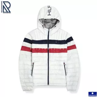 TMH Men`s Colorblock Hooded Puffer Jacket - White/Blue/Red