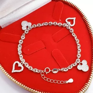 GELANG TANGAN SILVER 925 LAPIS EMAS PUTIH / PERHIASAN GELANG MICKEY LOVE PERAK 925