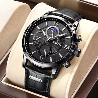 LIGE original jam tangan pria 2021 tali kulit anti air olahraga kronograf jam tangan