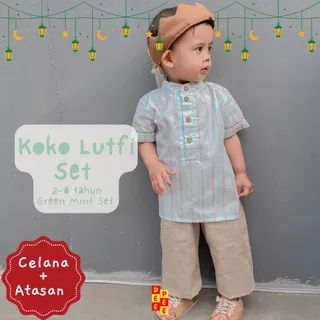 Baju Koko Lutfi set, baju koko anak laki-laki cowok setelan celana panjang bahan twill dan katun yarn dyed baju koko lebaran anak 2022 motif garis-garis bahan kemeja premium couple anak warna biru abu hijau mint blue grey green untuk 2 3 4 5 6 7 8 9 tahun