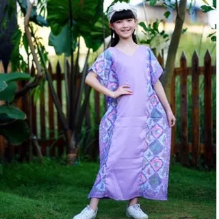 Couple Kaftan Lilac Batik Kombinasi Polos Gamis Batik Anak Ungu Muda Baju Lebaran Kakak Adik